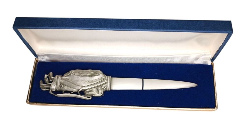Vintage Golf Bag & Clubs 3D Pewter Golfer Letter Opener Velvet Gift Box Fort USA